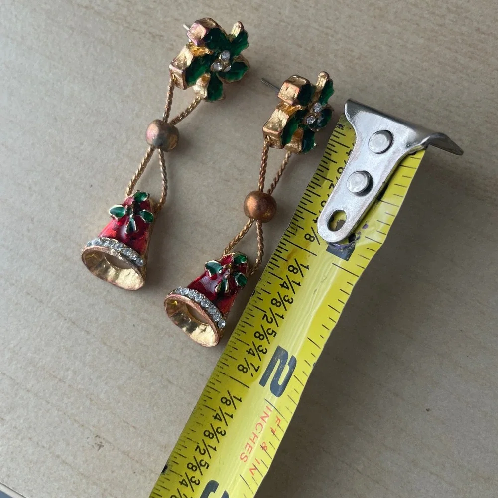 Vtg Christmas Enamel Rhinestone Mistletoe Holly Bell Dangle Drop Earrings Golden